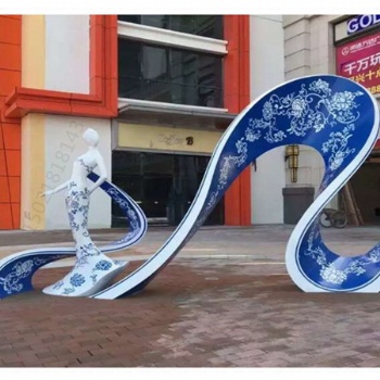 紹興廣場(chǎng)青花瓷抽象人物雕塑 飄帶裙擺工藝定制