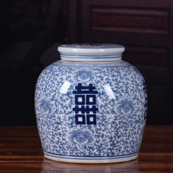 青花喜字罐，景德鎮(zhèn)家居擺件，插花陶瓷花瓶，陶瓷花瓶批發(fā)廠