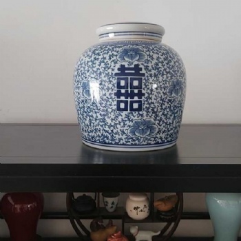 青花喜字罐，景德鎮(zhèn)陶瓷花瓶，插花花瓶，陶瓷罐子